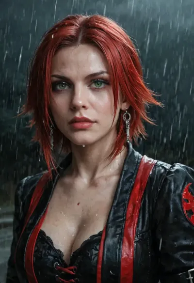 BloodRayne, a fierce dhampir vampire hunter, pale skin, long red hair, piercing green eyes, standing in a dark gothic environment with rain and neon reflections, cinematic lighting, detailed face, realistic textures, ultra-detailed, 8k, photorealistic, dramatic shadows, cinematic portrait, RAW photo, realistic fantasy style