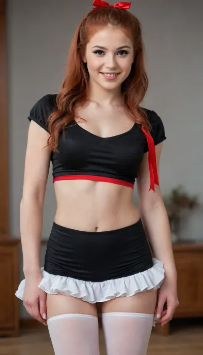 full portrait of woman, 8K, HDR, Hing Resolution, ((Little Caprice European princess of 18 years old)), red hair, fair skin, (red hair:1.2), ((gymnast body)), cheeky smile, ((high detailed skin)), high quality, detailed skin texture, (highly detailed hair), ((skinny body)), ((slim body)), (realistic), soft focus, insanely detailed, highest quality, big boobs, ((beautiful black school blouse, micro skirt and stockings with ruffles and ribbons and strips)), smil, happy, (wide hips), <lora:shirtliftALORAFor_shirtliftv1:.7>