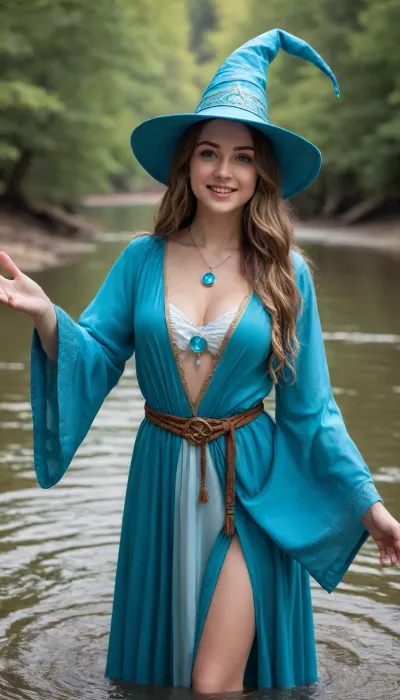 Realistic, fantasy, medieval, wizard, magical, 1girl, solo, beautiful, pretty, sweet smile, amazing bust, (busty:.8), squeezed cleavage, beautiful water design wizard robe, magical design wet dress, cyan wizard hat, necklace, long flowing hair, bright blue eyes, alluring calm vibe, magical aura, standing in the river, hands drawing magic circles, waving hands