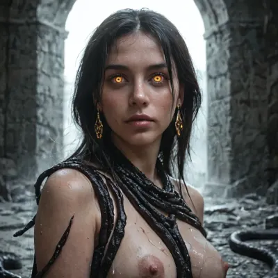 female warlock, Dungeons and Dragons style, Great Old One pact theme, standing in an ancient stone chamber with cosmic light seeping through cracks, shadow tentacles swirling around her, wearing detailed dark tattered robes with glowing runes, pale skin and intense gaze, detailed face, medium breasts, pubic hair, dim cinematic lighting, photorealistic detail, ultra-detailed, 8k, RAW photo, realistic fantasy realism, eerie atmosphere, subtle cosmic horror aesthetic, depth and shadows