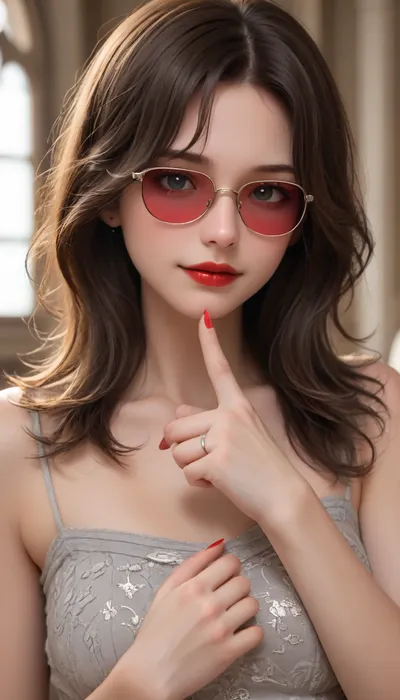 The image shows a yo girl wearing a sleeveless gray dress with decorative details on the shoulders. She has long, wavy brown hair and is smiling while applying red lipstick. She holds a red lipstick in one hand and a compact mirror in the other, which is partially open. Red sunglasses rest on top of her head, and she has pinky-red nail polish, matching her lipstick. The background is plain and light-colored, emphasizing her as the focal point.