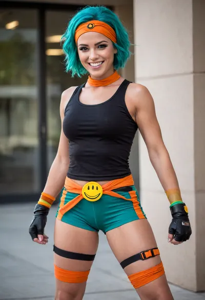Confident woman, super heroine, muscular/athletic build, shoulder-length teal/green hair, orange bandana on her head, wide cheerful smile, expressive eyes, sleeveless black top, vertical orange and green striped shorts, black belt with decorative smiley faces, orange wristbands, orange gloves, large metallic gauntlets on both arms, black boots that reach just below her knees