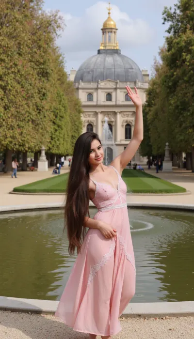 (Masterpiece, 8k, ultra realistic, high quality photography, hdr, High resolution, perfect image composition), Dive into the enchanting world of the Tuileries Garden featuring a beautiful bengali woman as the main character. Imagine a refined landscape where blooming trees, manicured lawns, and majestic fountains create an atmosphere of tranquility and beauty. Our heroine, with her exquisite features, long flowing hair, and delicate attire, embodies the harmony and elegance of this historic place. The image reflects the stunning works of art that show the charm and grace of the girl in the Tuileries Garden