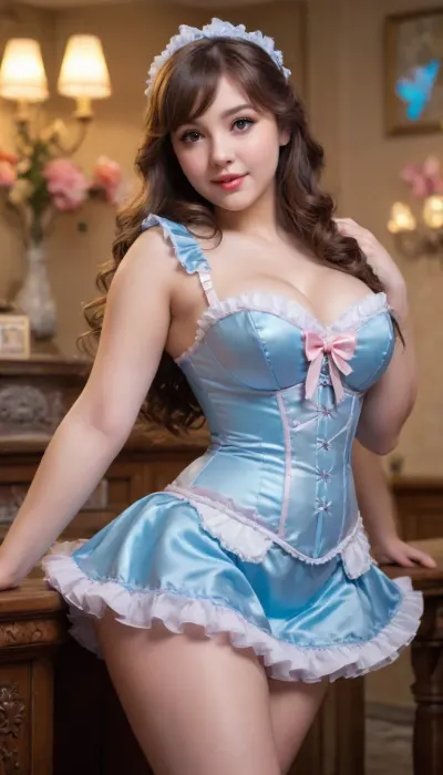 Photo Realistic, candid photography, 1girl, beautiful, (chubby:.9), (busty), modest, modesty, plump girl, round face, large bright eyes, confident vibe, no make up, lovely facial features, arousing, seductive, temptation, alluring, fun, bubbly happy vibe, very long flowy hair, hair on the side, bangs, full body, thigh, knees, bioluminescent, dress, burlesque, butterfly, crystalline, cute, maid, fairy, flower, idol, iridescent, clothing, liquid, princess, ruffled, lingerie, sailor, senshi, uniform, tennis, underbust, corset, victorian, water, (tong, hua, cheng, bao\), <lora:xl_n15g_aio_clothing-2.0:2>, <lora:tonghuachegnbao:2>