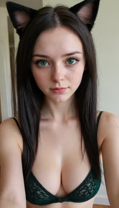 Amateur selfie, long black hair, green eyes, cat ears, freckles everywhere, tight and firm, 18 years old girl, very slim girl, Best quality, realistic, slim waist, nice perky tits, large breasts, Looking at the camera, fresh face, shy look, pale, very petite girl, very detailed, <lora:eGirls_XL_v1:.9>
