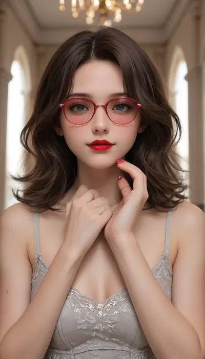 The image shows a yo girl wearing a sleeveless gray dress with decorative details on the shoulders. She has long, wavy brown hair and is smiling while applying red lipstick. She holds a red lipstick in one hand and a compact mirror in the other, which is partially open. Red sunglasses rest on top of her head, and she has pinky-red nail polish, matching her lipstick. The background is plain and light-colored, emphasizing her as the focal point.