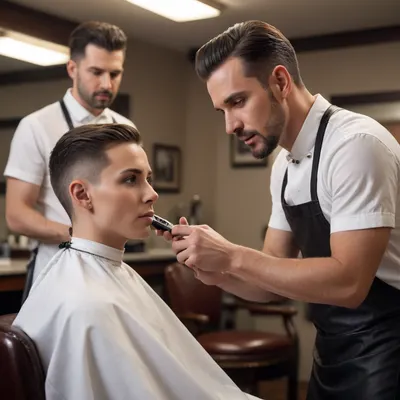 A photorealistic masterpiece captures a professional barbershop scene. The primary subject is a 35-year-old barber of mixed ethnicity, his short black hair framing tired eyes. He has a day's stubble, wearing a worn leather apron over a pristine white shirt. The barber is skillfully cutting a woman's hair with an electric hair clipper, his fingers precisely positioned. The woman, mid-30s, fair-skinned, sits upright in a barber chair, wearing a simple dress beneath a hairdressing cape. Her expression is calm, anticipating the new haircut. The messy, small salon features scattered barber tools, reflecting the high contrast lighting. Ultra-sharp focus emphasizes the haircut action. Detailed hair textures, realistic falling strands, and a precise finger position create realism. The scene embodies a professional barbershop process. The composition uses a low angle to enhance the focus on the haircut. Lighting reveals skin texture and sweat details on the barber. The overall atmosphere is intimate and focused. The image is rendered with a 16K resolution, employing subsurface scattering, ambient occlusion, depth of field, and cinematic compositing, delivering Artstation quality.