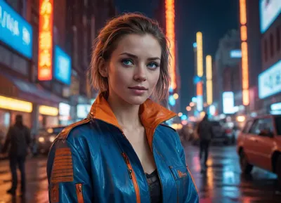 Cinematic, 35mm, wide angle, a street shot of a futuristic cyberpunk woman in her 40's wearing only an edgy, high-tech jacket featuring glowing neon blue and fiery orange accents, metallic details, and rugged textures, illuminated by moody cinematic lighting in a dystopian city scene filled with glowing red and orange lights, scattered debris, and dark industrial tones, dynamic and detailed, hyper-realistic, vibrant colors, atmospheric and immersive. Woman has ample breasts, a snarky smile, and a gleam in her blue eyes. Future cars fly overhead, and people carry fluorescent umbrellas to avoid the rain.