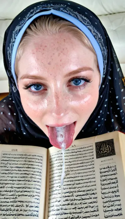 Transparent hijab, licking quran, freckled pale skin, ultra detailed, blue eyes, cum dripping to quran, very happy, pale skin