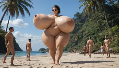 (gigantic woman:1.9), (slender:1.6), colorful sky, view from below, bare tiny feet, naked, shaved, sand, sea, (huge tropical island:1.8), bracelets, necklaces, anklets, sunglasses, (surrounded by men)