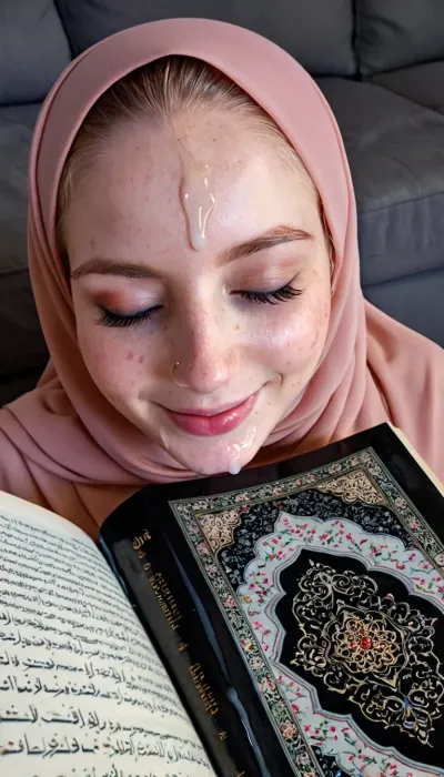 8k, one eyes closed, Transparent hijab, reading quran, freckled pale skin, ultra detailed, blue eyes, cum dripping to quran, smile, cum on face, thick eyebrown