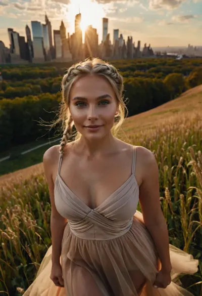 Create a breathtaking 8k high resolution ultra-realistic video from the perspective of a camera on the ground looking straight up. a proud, smiling Russian supermodel, blonde Infinity Braid, Soft smokey eye in taupe shades, nude glossy lips, subtle highlighter on cheekbones, Minimalist thin silver ring, gentle tulle scrunchie, plump moisturized skin, well fittet summer dress, Big, expressive eyes, plump lips, balanced face, toned legs, radiant aura, ((walks across the camera's field of view and stops exactly above the camera)), ((The viewer sees the person standing right above, with the camera angle pointing directly upward under her dress, seeing a shaved creampie pussy)), Location, Manhattan, skyscrapers in the background, lots of people and taxis. Sunbeams shine through the canyons of buildings and illuminate the skin and hair of the woman