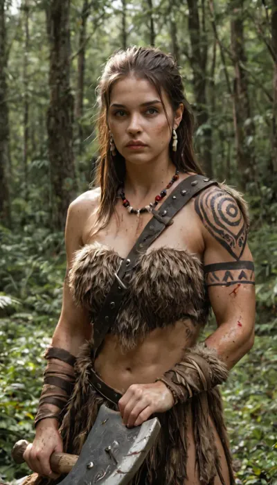 female barbarian, Dungeons and Dragons style, standing in a dense forest clearing after battle, wearing fur and leather armor adorned with bone and beads, muscular and scarred, holding a massive greataxe resting on her shoulder, tribal tattoos on arms, blood and dirt on her skin, wind blowing through her hair, cinematic natural lighting, photorealistic textures, ultra-detailed, 8k, RAW photo, realistic fantasy portrait, earthy tones, atmosphere of raw strength and pride