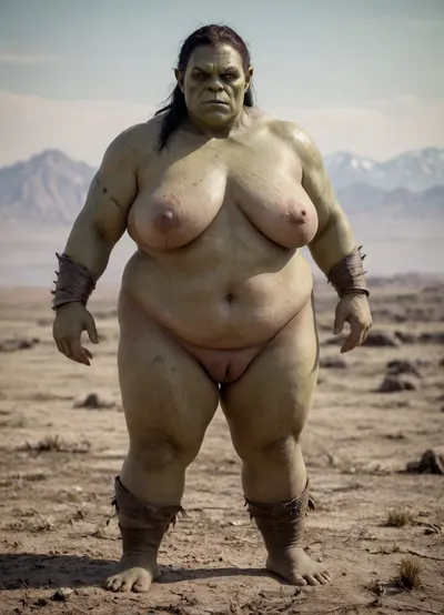 Full body shot of a female orc standing proudly on battlefield, naked, veinyonez, chubbyonez, matureonez, <lora:realboobzXL:1.2>, <lora:220437_training_data:.3>, megachubsdxl, morbidly, obese, <lora:megachubsdxl_13:.8>