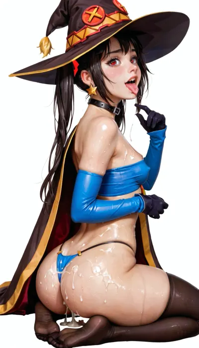 Megumin from konosuba, pleasure face, wet skin, small breast, megumin hat, perfect teeth, small tits, cleavage, realistic face, sexy wear, perky, thick thighs, (thick hips), very petite, thong, dynamic pose, very wide thigh gap, very tight, long black latex socks, sexy dynamic pose, thin tube top, cum everywhere, under boob, butt up, back view, detailed choker, full body, tongue, out, ahegao, drool, NEGATIVE_HANDS, (ultra, HD, quality, details), mona, 1girl, twintails, long, hair, witch, hat, pantyhose, gloves, black, choker, jewelry, cape, gold, trim, blue, leotard, earrings, detached, sleeves, star, (symbol), ornament, green, eyes, fur, collar, parkle, print, <lora:ahegao_mr_chrisma:.8>, <lora:sfb_v3:.8>, <lora:ahxl_v1:.8>, <lora:monax_xl:.8>