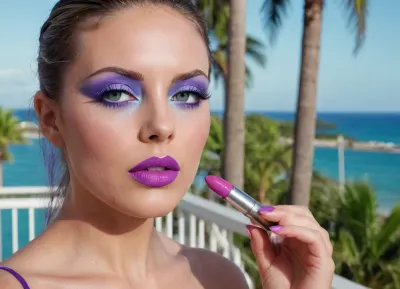 bimbo woman, high detail of the face, individual standing outdoors on a balcony overlooking a tropical beach and ocean. The person is wearing a blue, two-piece swimsuit consisting of a triangular top and matching bottoms with medium coverage., (big lipstik purple:1.3), Their hair is styled in a neat braid, and they are gazing directly ahead with a relaxed posture., ((makeup:1.3), long blue eyelashes, green eye shadow, glossy pearl lipstick), The background includes clear skies, a distant ocean horizon, palm trees, and elements of a modern building. The scene exudes a sunny, vacation-like atmosphere., artoflips, uoclips, lips, lipstick, art, of, CUM, DONATION, ASSISTANCE, FELLATIO, TITS, SEX, HANDJOB, FOOTJOB, AFTER, VAGINAL, makeup, eyeliner, eyelashes, <lora:Art_Of_Lips_PONY_XL_By_UOC:.9>, <lora:CUM DONATION ASSISTANCE:2>, <lora:Modern_MakeUp_XL_v0_1:1.7>
