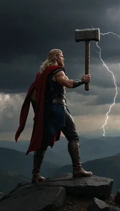 Thor son of Oden, on top of a mountain holding his hammer mjolnir twords the sky, dark and overcast, lightning striking down onto his hammer