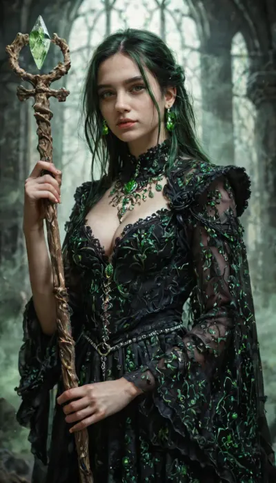 Anastasya from Heroes of Might and Magic VI, standing in a shadowy necropolis lit by cold green light, wearing detailed elegant black and silver necromancer robes with bone and crystal details, ((detailed pale skin with faint green glow)), glowing green aura, detailed piercing green eyes, short black hair flowing in the wind, medium breasts, cleavage, pubic hair, ghostly spirits swirling around her, holding an ornate staff topped with a skull and gem, perfect hands and fingers, cinematic moody lighting, photorealistic textures, ultra-detailed, 8k, RAW photo, realistic dark fantasy portrait, gothic atmosphere, fog and depth of field