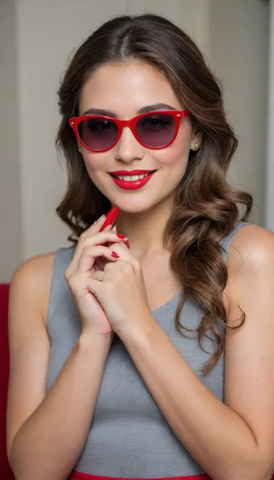 The image shows a yo girl wearing a sleeveless gray dress with decorative details on the shoulders. She has long, wavy brown hair and is smiling while applying red lipstick. She holds a red lipstick in one hand and a compact mirror in the other, which is partially open. Red sunglasses rest on top of her head, and she has pinky-red nail polish, matching her lipstick. The background is plain and light-colored, emphasizing her as the focal point.