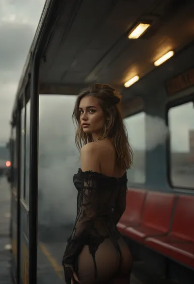 a stunning woman, 22 years old is waiting for a bus, (dressed sexy:1.6), various perspectives, intricate detail, highly detailed, breathtaking, panoramic, cinematic, (3D, Framed, Woman), Macabre, FRESHIDEAS, Real, Photography, 2#, cloudy, smoke, atmospheric, clouds, fog, <lora:MJ52:1.1>, <lora:FRESHIDEAS Real Photography 2#:.6>, <lora:Cloudy_Style:.5>, <lora:Hegre-Nude_woman-000001:.8>