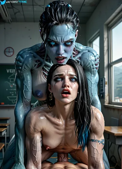 detailed, high def, ((2 women in a schoolroom)), ((1 woman with black hair, (very fit veiny body), (infected by an alien virus:1.2), (bony spine), (bulging light blue infected vascular veins), (sweating), (transforming into an alien woman), (infecting the other woman), (vascular infected veins:1.3))), (her face and expression showing orgasm, rolling eyes, moans), (impregnated by the virus), athletic, <lora:uberfit_lora_sdxl:.8>, alienailf, <lora:Aliens_AILF_SDXL:.8>, doggystyle, from, behind, human, on, anthro, feral, <lora:SDXL_Human_Male_Furry_Female:.8>