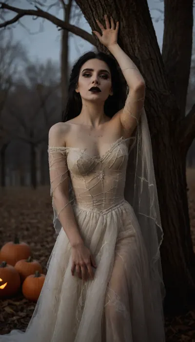 Dark, professional photography, horror movie, 8k, canon dslr, gorgeous woman covered in cobwebs leaning against a dead tree, torn transparent bridal gown, pale ghostly skin, black hair, gothic makeup, black lipstick, model pose, (Background, Halloween, outdoors, glowing jack-o-lanterns, moonlight, autumn), spiderweb, cobweb, <lora:spiderweb:.8>, flat, chested, <lora:flat_chested_v3.5:.8>, lewaru, leaning, against, with, one, arm, up, both, arms, <lora:LeanWithArmUp.1.0:.8>