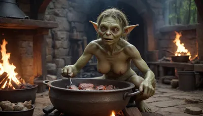 a female goblin, big breast, nude, blacksmith, cooks a meal over an open fire in a witch's cauldron, conjure, ancient
