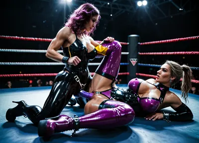 (2 women, fighting), (detailed face:1), (wrestling ring), (wrists shackled behind back), (latex crotchless bodysuit, purple, pink, black, translucent, shiny, high heel boots, costume), (strapon blue dildo, vaginal), aw0k, illuminate, detailxl, <lora:mjilluminate-000010:.8>, <lora:Realism_Lora_By_Stable_yogi_SDXL8.1:1.2>, <lora:dark:1.2>