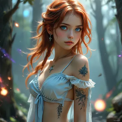 Anime cute young woman with long bikini, anime beauty girl, portrait of a girl, (((charcoal sketch))), (((charcoal drawing))), (((very petite girl))), (((turns to viewer))), (((oiled skin))), ((light blue eyes)), (((skinny))), (((18 years old tattoo))), (very girl:1), (makeup:1.3), beautiful, gorgeous, stunning, ((tattoo on the cheek)), flowing scarlet red hair and a strand of brown hair, piercing ocean-blue eyes, wearing a regal off-shoulder purple gown adorned with shimmering sapphire jewelry and a glowing blue ring. She stands in an enchanted forest with a glowing golden star mark on her right shoulder symbolizing hidden power. Behind her, a war scene unfolds with witches and wizards wielding wands and humans with swords approaching each other from misty woods. A grand ancient castle rises in the distance under a bright, ethereal sky and moonlight, with a huge katana dividing the background. The atmosphere is magical, mysterious, dark, and realistic, in Attack on Titan style resembling Mikasa. The title 'The Forbidden Heiress' is boldly written above in red and black., bikini, underwear, Lace, <lora:Bikini_02_lora:.8>, <lora:Style_eyes _and_hair_XL-v2:.8>, SDXL_BetterFaces-LoRA_v1, .5>, (music_), <lora:Oxygen girl_SDXL1.0:1>, <lora:MJ52:.7>, <lora:BUT_SDXL_SHS:.1>