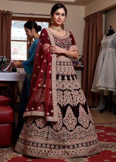 ((luxurious, chic wedding lehenga choli)), (choli blouse, lehenga skirt, and dupatta), (velvet fabric), (transparent dupatta), ((rich burgundy color)), (heavy gold embroidery), (rich floral patterns), gold threads, beads, sequins, (on a mannequin), (Indian patterns), (traditional Indian wedding attire), (elegant), (full skirt), worn on a mannequin in, (double exposure, (picture within a picture), (exquisite workmanship), (high detail), (deep focus), (photorealism:1.3), (studio lighting:1.2), (soft shadows), (Indian seamstress with dark skin and bright Indian facial features, with Indian lips and slightly protruding Indian eyes, with an Indian nose, with a bindi on her forehead:1.6), (wearing a blue sari), (kneeling in front of a mannequin), (double exposure), (with a needle in her hand, embroidering a wedding sari with gold thread), (in a cramped workshop with a sewing machine in the background:1.2), (warm colors), (clear details), professional photography, 8k, ultra HD.)