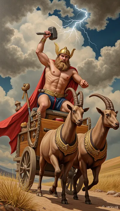 Retro sketch in colored pencils {Scandinavian god of thunder, (Thor:1.4), sitting on a cart drawn by two goats with, (Mjölnir hammer:1.3), in his raised right hand, left hand clenched into a fist and stretched forward, cloudy sky, lightning, (beard:1.2), (winged helmet:1.3), (red cloak:1.1), (gold belt:1.3), (loincloth:1.4), (detailed clouds:1), (epic composition:1.2), classical realism, (rich textures:1.1), (deep shadows:1), dramatic lighting, (golden-brown color palette:1.2), }. colorful, contrast, tone, texture, details, stylish, elegant