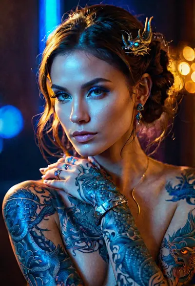 Close-up portrait of a mysterious woman with an intricate glowing dragon tattoo in brilliant blue light. The tattoo covers part of her arm and face, creating a transcendent and supernatural light. The woman's facial expression is calm and focused, with delicate features and hair adorned with elegant accessories. The background is dimly lit, highlighting the neon lights of the tattoo. His clothes are dark, making his bright tattoos stand out. The general atmosphere is futuristic and mysterious.