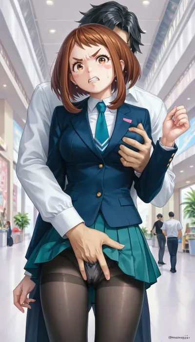 Angry, Ochako Uraraka, (groping her exposed pussy + fingering pussy), white collared shirt, pleated skirt, Black pantyhose, black hair male fingering through clothes, male hand in female panties, standing, mall background, (Comfyui with controlnet), Model
