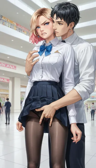 Angry, Gwen Stacy, (groping her exposed pussy + fingering pussy), white collared shirt, pleated skirt, Black pantyhose, black hair male fingering through clothes, male hand in female panties, standing, mall background, (Comfyui with controlnet), Model