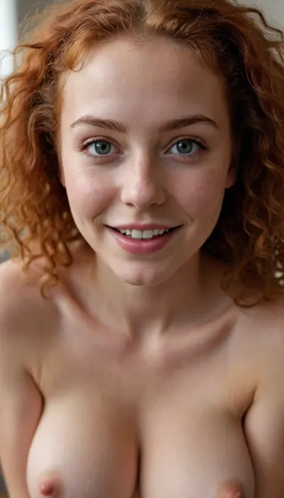 A thin, petite girl from Iceland, a red-haired girl with fluffy, lush, curly hair, an afro hairstyle, a wide, joyful smile on her face, bright green eyes glowing with happiness, thick eyebrows, long eyelashes, smears a large amount of thick white liquid over her slender body, The girl's body is covered with a thick layer of male semen, and sperm thickly covers her face, smearing her face, small artificial silicone breasts with large, erect nipples, sitting on a wooden floor, <lora:754990_training_data:1.4>