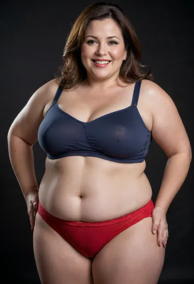 Lu, realistic full body portrait photo a mature chubby woman, double chin, 50 years old Woman, lush brunette hair, big smile, looking at viewer, eye contact, (solid blank dark background:1.3), full body shoot, film grain, Chubby, Plump, Fat, Rolls, milf, (full coverage, high-waist, high-cut, big, wide, fullback, red panty, full-briefs, wearing), big, hips, thick, thighs, plump pelvis