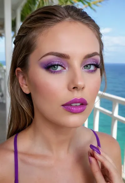 bimbo woman, high detail of the face, individual standing outdoors on a balcony overlooking a tropical beach and ocean. The person is wearing a blue, two-piece swimsuit consisting of a triangular top and matching bottoms with medium coverage., (big lipstik purple:1.3), Their hair is styled in a neat braid, and they are gazing directly ahead with a relaxed posture., ((makeup:1.3), long blue eyelashes, green eye shadow, glossy pearl lipstick), The background includes clear skies, a distant ocean horizon, palm trees, and elements of a modern building. The scene exudes a sunny, vacation-like atmosphere., artoflips, uoclips, lips, lipstick, art, of, CUM, DONATION, ASSISTANCE, FELLATIO, TITS, SEX, HANDJOB, FOOTJOB, AFTER, VAGINAL, makeup, eyeliner, eyelashes, <lora:Art_Of_Lips_PONY_XL_By_UOC:.9>, <lora:CUM DONATION ASSISTANCE:2>, <lora:Modern_MakeUp_XL_v0_1:1.7>
