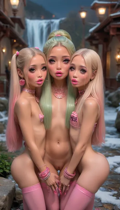 (1 woman), high detail of the face, women, filipina, (asian face:1.9), (very skinny), bimbo slut, (hairstyle with five pigtails and bangs, shiny light green hair), (very big plump lips), purple color eyes, beautifull eyes, artificial eyelashes, rounded big breasts, (flat cheasted:1.4), (bimbo makeup, intense saturated glossy lipstick:1.5), show nude tits, stockings, heels, She pushes until her pussy even starts to prolapse! Her pussy even opens up on its own from the pressure! She grunting as she tries to push so hard. She sticks her fingers in her ass to stretching it wide open to show her beautiful anal flower and hold it there for you to stare at! It looks like a red rose coming out of her ass!, seductive, at night, sweet tiny butt, jewellry, bracelets, necklaces, nipple ringsnipple, nipple ringsnipple rings, pussy view, slit pussy, Winter, Waterfall, <lora:Winter Waterfall:.8>