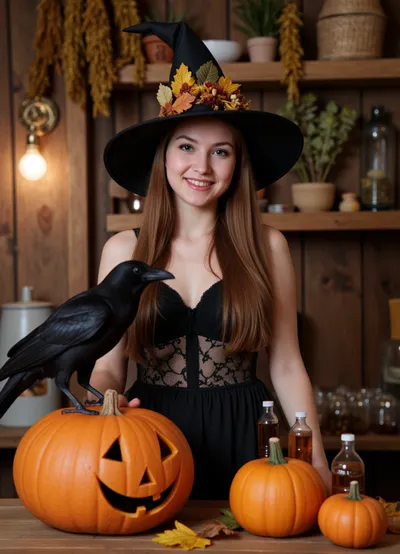 (highly detailed photograph:1.2), (charming portrait of a witch:1.3), with, (long chestnut hair:1.1), and, (deep blue eyes:1.1), in, (an ornate black witch's hat decorated with golden autumn leaves and feathers:1.3), (a black lace dress:1.2), (a slight smile), (pale skin), (dark lipstick), (a carefree pose:1.1), (a crow sitting on a large Jack-o'-lantern carved for Halloween:1.4), next to her, (a simple wooden table:1.1), covered with, (pumpkins and bottles of various sizes:1.1), (glass bottles with potion), (dry leaves), (background in the form of a dimly lit interior of a rustic wooden hut:1.1), (hanging dried herbs:1), (old wooden shelves:1), (warm, soft lighting:1.1), (bokeh in the foreground and background), (magical atmosphere), (autumn colors:1), (autumn harvest theme), (depth of field:1), (cinematic lighting), (photorealism:1.2), (sharp focus on the witch and crow), film grain, intricate details, octane render, 8k, ultra-realism, atmospheric lighting, canon eos r6.