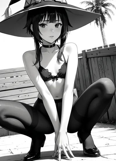 Solo, black swimwear, black hair, megumin, squatting, pale shiny skin, skinny, small breasts, skindentation, pantyhose, monochrome, lineart, LineAniAF, (((<lora:LineAniRedmondV2-Lineart-LineAniAF:2>)))