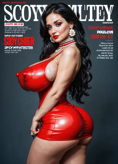 Magazine cover, Сurvy middle-aged Russian Milf experienced prostitute with a curvy body and black hair, (gigantic slightly saggy breasts), (Protruding fat ass), wide hips, (curvy:1.2), (long hair), rosy cheeks, (makeup), (red lips), Red tight leather mini dress, mini skirt, (huge erect nipples showing through clothes), (beaded collar:1.1), pulp, cover, art, <lora:add-detail-xl:.8>, <lora:Pulp_Cover_Art:1.4>