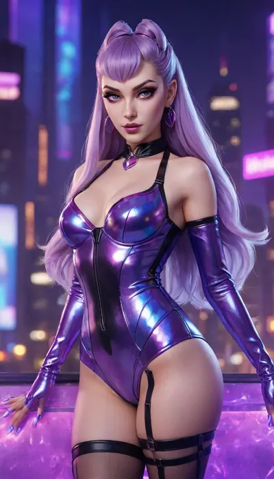 She's have Evelynn K/DA ALL OUT appearance, League of Legends, female character, glamorous, seductive expression, long lavender hair, holographic texture, high heels, elegant pose, glowing lights, futuristic city background, neon colors, detailed face, perfect makeup, shiny latex fabric, cinematic lighting, ultra detailed, high quality, masterpiece, 8k, hyperrealistic, fantasy pop idol aesthetic, holographic reflections, vibrant atmosphere, confident attitude, stylish diva, <lora:EvelynnKDA-000007:1.2>