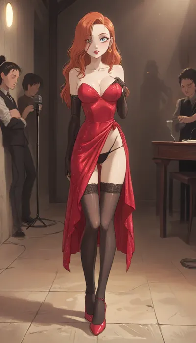 (Jack cayless art style), Jessica Rabbit stands on a dimly lit stage in a 1940s jazz club, bathed in a single spotlight. She is at a vintage microphone, her head tilted slightly, with a confident and mysterious expression. Her long, flowing red hair cascades over her shoulders, framing her face. She is wearing a dazzling, floor-length red sequined dress that shimmers in the light, dress pulled up, visible high-waisted black sheer thong, accentuating her figure, and long, elegant purple opera gloves that reach above her elbows. Black stockings with garters. The background is blurred, revealing silhouettes of a jazz band and a few tables with patrons in the smoky, dark club. The lighting is dramatic, with the spotlight creating sharp contrasts and deep shadows, emphasizing her silhouette and the sparkle of her dress and gloves. She looks at the viewer with intense embarrassment and fear, covering her bottom with her hand, viewed from behind, (cartoon), tooned, cartoon, low color palette, painted, illustration, made in illustrator, no gradients, incase style, concept, retro, futuristic, flat colors, masterpiece, <lora:ratatatat74-000050:.9>, <lora:outline_xl_kohaku_delta_spv5x:.5>, <lora:cartoon_stickers_xl_v1:.6>, <lora:NEOTOKIOXL_0.2_RC:.4>, <lora:DetailedEyes_V3:.6>