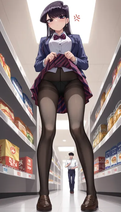Komi Shouko, Surrender by man, view from below, from below, 1girl, solo, collared white shirt, buttoned jacket, pleated skirt, skirt lift, lifted by self, annoyed, black pantyhose, full body, in supermarket, <lora:skirt lift XL V2:.5>