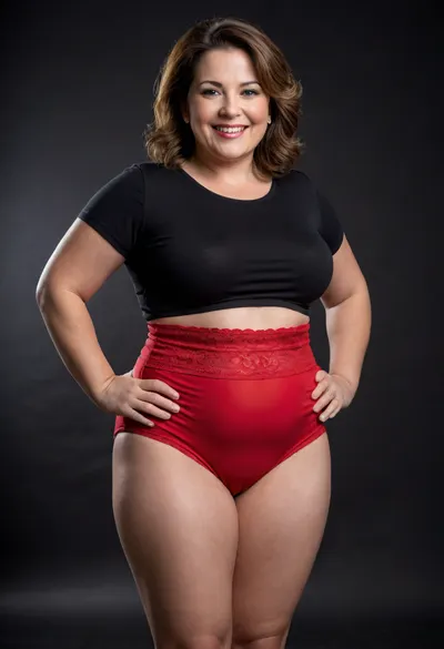 Lu, realistic full body portrait photo a mature chubby woman, double chin, 50 years old Woman, short brunette balayage hair, big smile, looking at viewer, eye contact, (solid blank dark background:1.3), full body shoot, film grain, Chubby, Plump, Fat, Rolls, milf, (full coverage, high-waist, high-cut, big, wide, fullback, red panty, full-briefs, wearing)