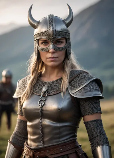 ultra-realistic, 8K HD, 50-years old women, viking warrior wearing helmet and chain mask, chainemail, fullbody