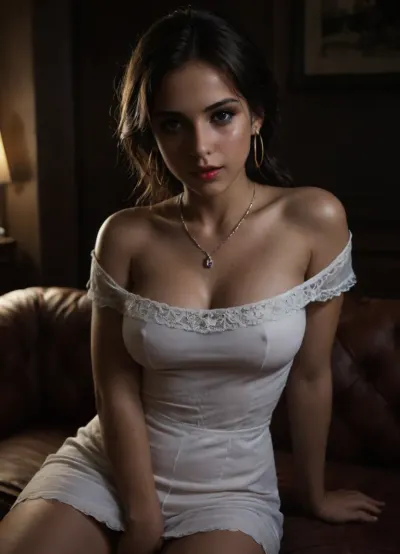 Anita returning from a party in sheer slutty low-cut off-the-shoulder beige mini dress, expression happy and smiling, no bra, heavy eye makeup, heavy eyeliner, blush, bright red lipstick, very large hoop earrings, thick necklace, her hair is pulled back in a messy ponytail, close up of only her head and chest, She is sitting on the couch, the POV of the camera is sitting on a chair across from her, only light is a snapshot flash on female, dark background, Night through windows, braless, Wearing, clothes, that, make, sense, with, Braless>, Indian, Babe, Anita, <lora:dark:1.4>, <lora:bralessSDXL_v1_00022:1.7>, <lora:405168_training_data:.8>, <lora:580159_training_data:1.9>, <lora:Anita:1.6>