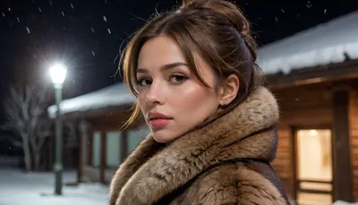 a woman, short stack, perfect body, big breasts, in snow, brown fur, warm light, side view, night, 4ng3l, face, <lora:NSFW_Reality_Engine_XL05:.8>, <lora:SDXL_BetterFaces-LoRA_v1:.8>