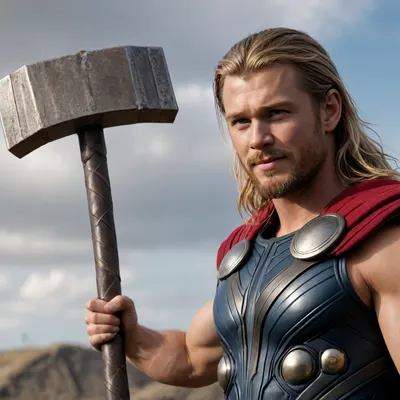 Thor, un guerrero escandinavo de mediana edad y musculoso, de piel clara y cabello rubio dorado, se alza majestuosamente sobre el centro, empuñando su icónico martillo Mjolnir. Sus ojos azules brillan con determinación mientras una leve sonrisa se dibuja en sus labios, anticipando la batalla. Viste una armadura de metal brillante, adornada con detalles intrincados en tonos plateados y dorados, que resalta su imponente figura. El martillo, con su mango de madera y cabeza metálica, emana un aura de poder y energía. La escena se desarrolla en un campo de batalla devastado, con restos de edificios y humo elevándose hacia un cielo tormentoso. La composición es un primer plano dinámico, que enfatiza la fuerza y el espíritu de lucha de Thor. La iluminación es dramática, con rayos de sol filtrándose a través de las nubes oscuras, creando sombras profundas y resaltando los reflejos en la armadura. El estilo visual es una mezcla de realismo y fantasía épica, con una atmósfera intensa y heroica.