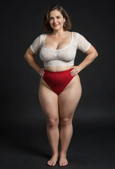 Lu, realistic full body portrait photo a mature chubby woman, double chin, 50 years old Woman, lush brunette hair, big smile, looking at viewer, eye contact, (solid blank dark background:1.3), full body shoot, film grain, Chubby, Plump, Fat, Rolls, milf, (full coverage, high-waist, high-cut, big, wide, fullback, red panty, full-briefs, wearing), big, hips, thick, thighs, plump pelvis, <lora:potrait-woman-v2:.8>